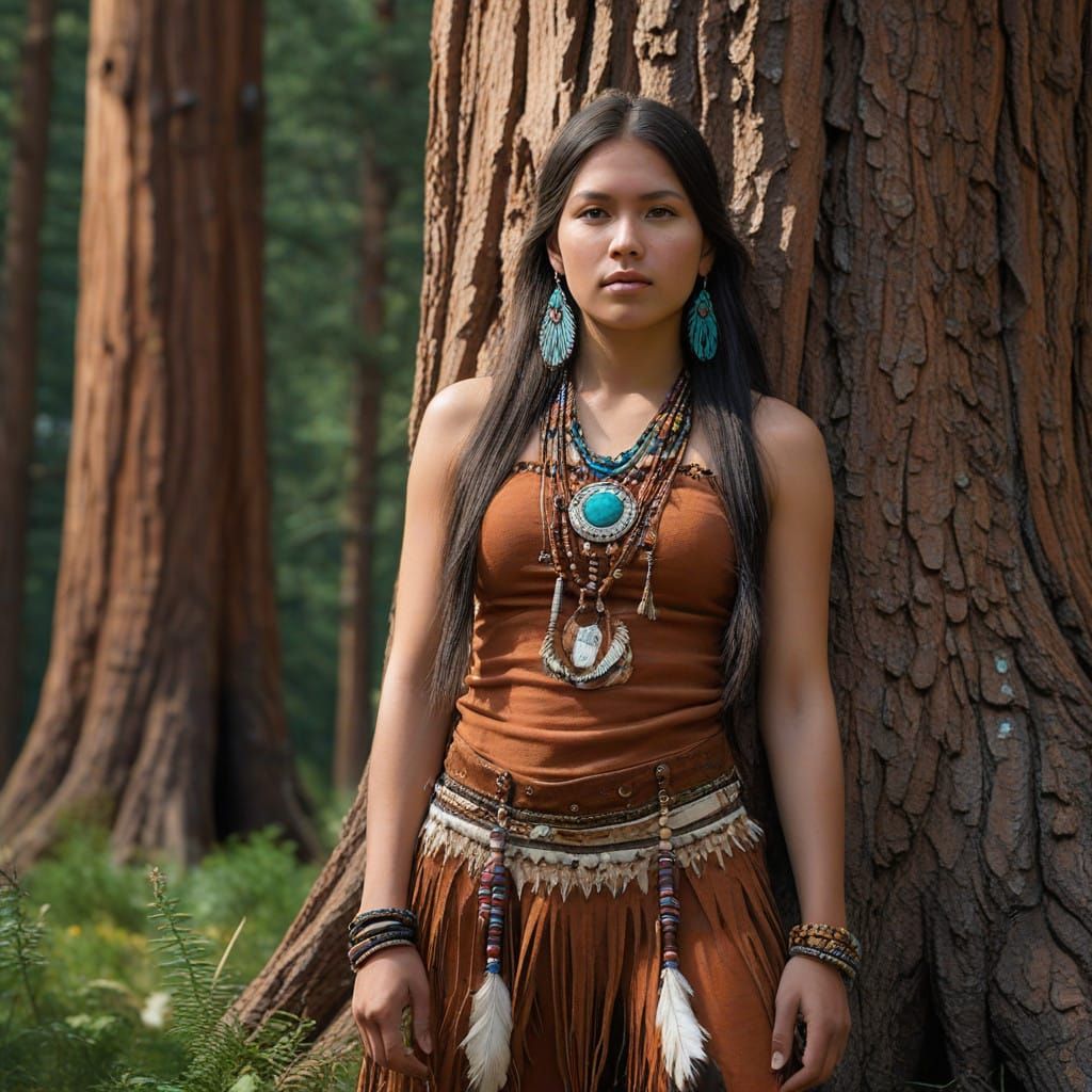Apache Woman in Sequoia Forest, Hyperrealistic Style