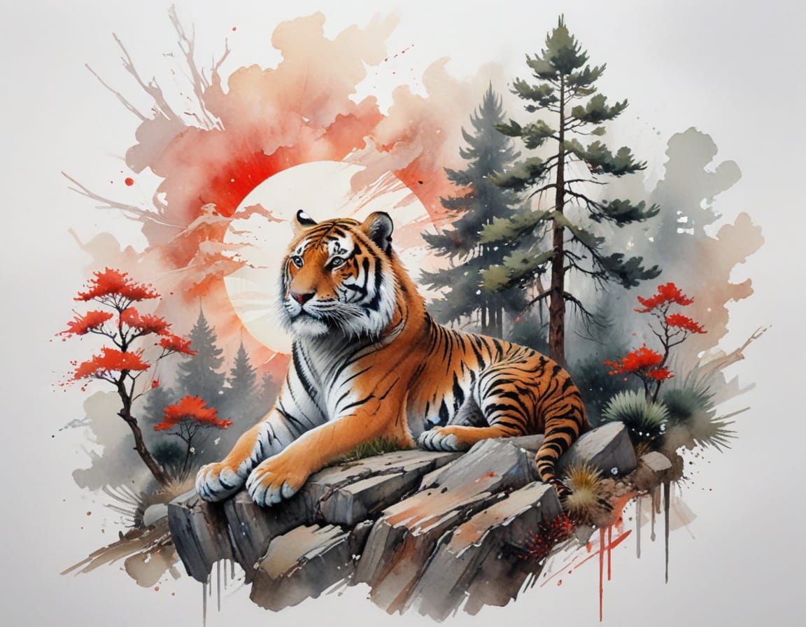 Tiger Resting Amidst Windswept Pines in East Asian Style