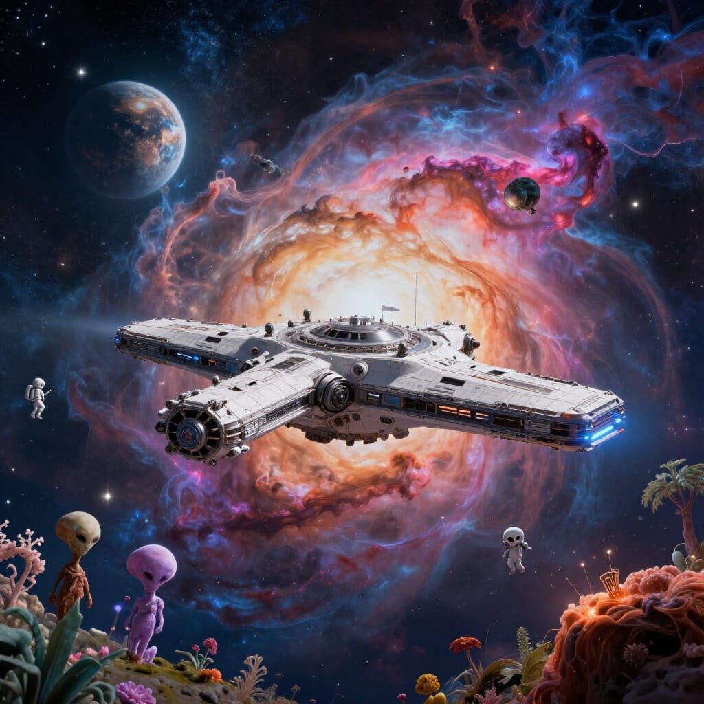 Spaceship Explores Energy Planet Amidst Vibrant Nebulae