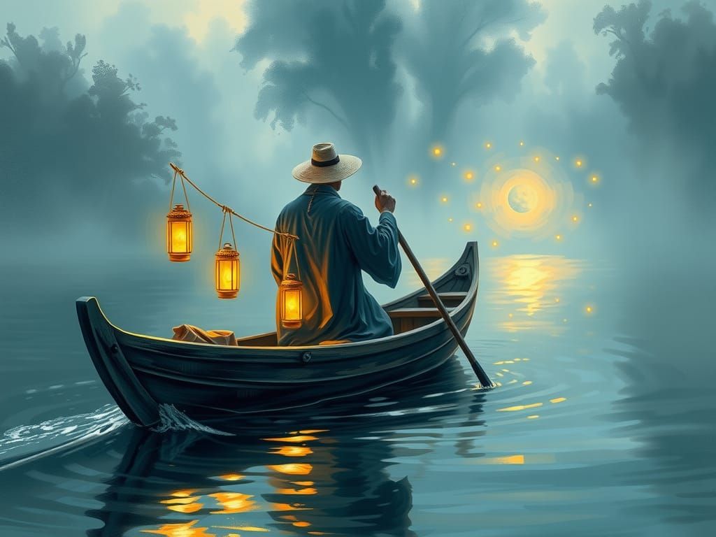 Mystical Boatman on Serene River in Impressionist Style