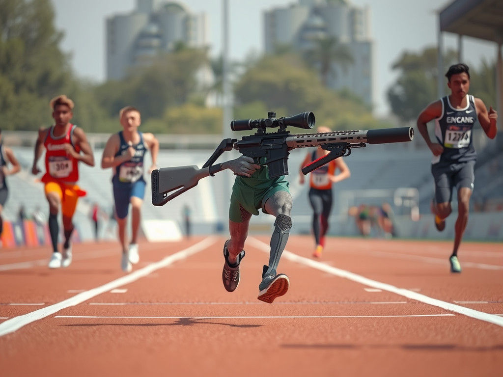 Anthropomorphic Rifle Sprinter on Running Track