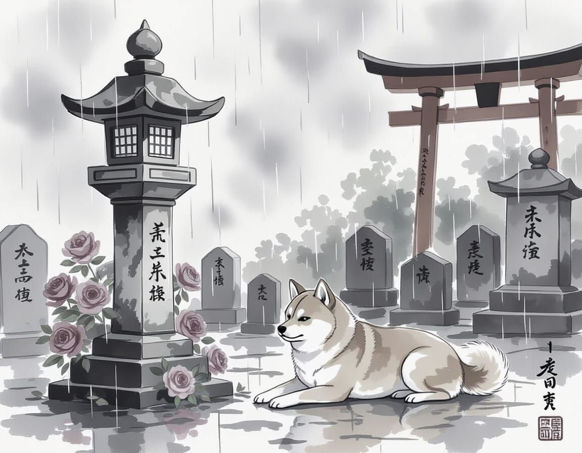 Sad Shiba Inu at Grave, Ink Wash Drawing