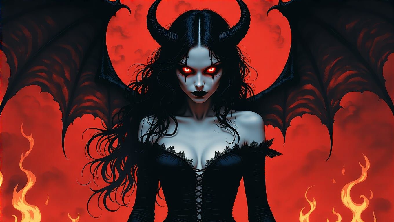 Gothic Female Devil Silhouette in Fiery Crimson and Black