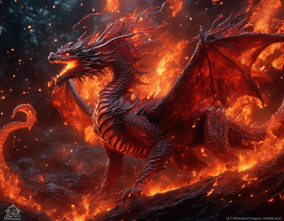 Blazing Fire Dragon in Volcanic Landscape