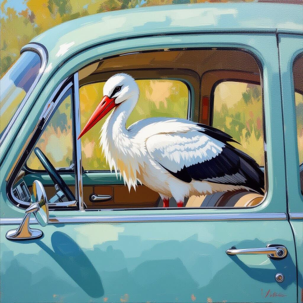 Stork Driving Car in Oil Painting Style