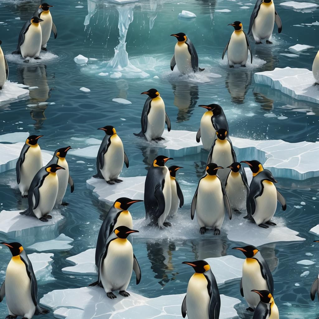 Emperor Penguins Catching Fish in Icy Waters