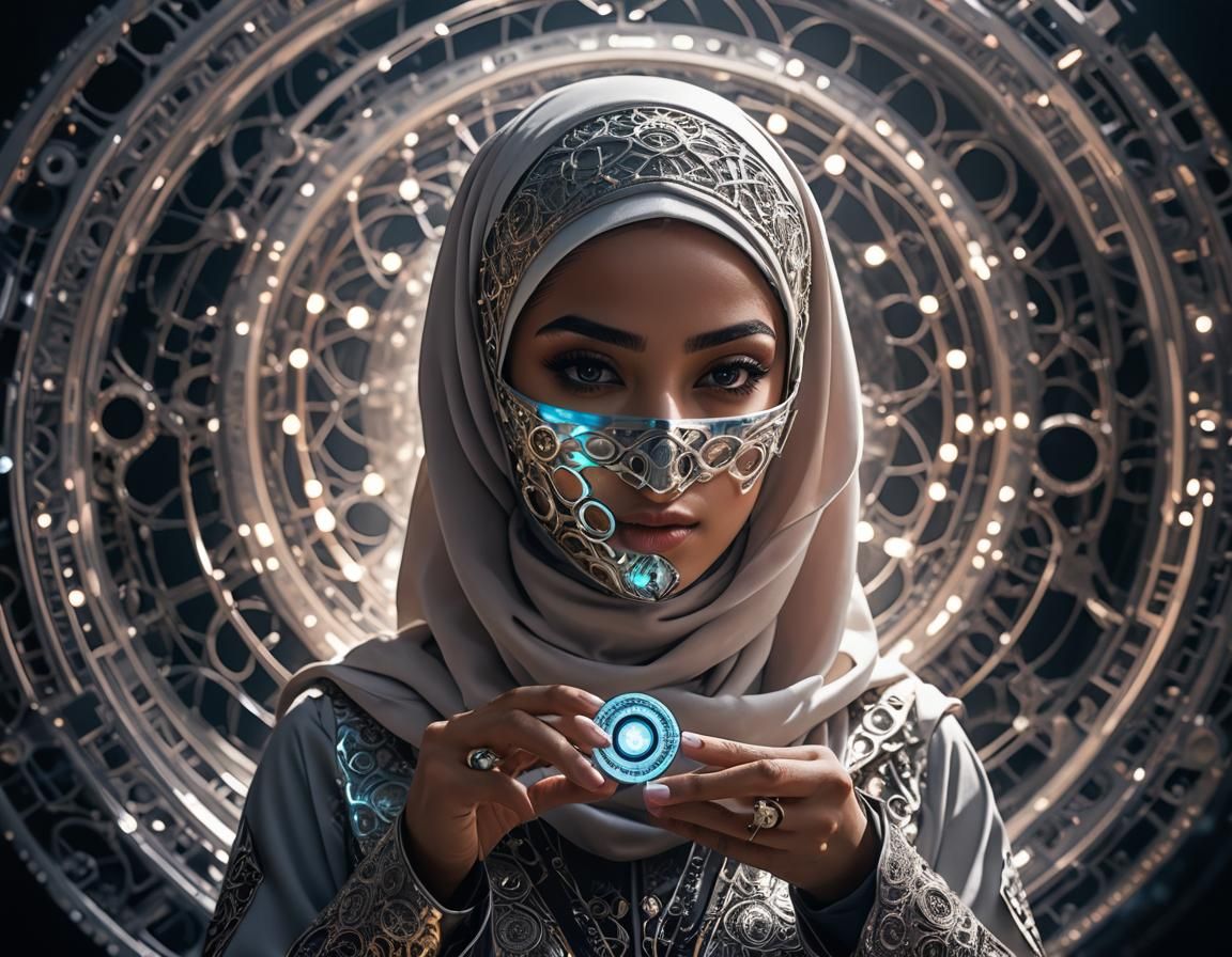 a photograph of beautiful cyborg-woman hijabi