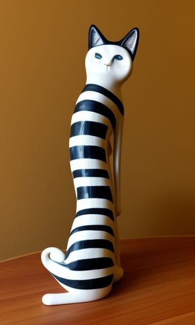 Striped Cat Statue with Yellow Lights Over Ocean