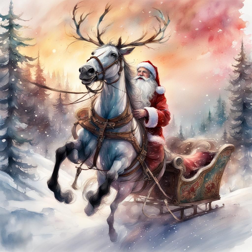 Santa's One-Horse Sleigh Flies at Sunset