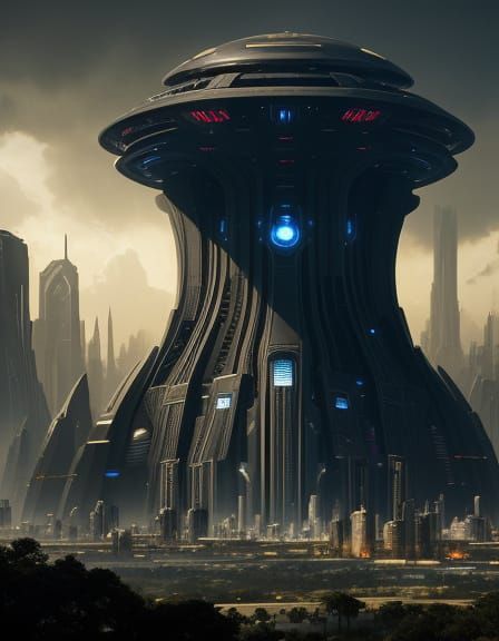 Futuristic Obsidian Cityscape in Oil Painting Style