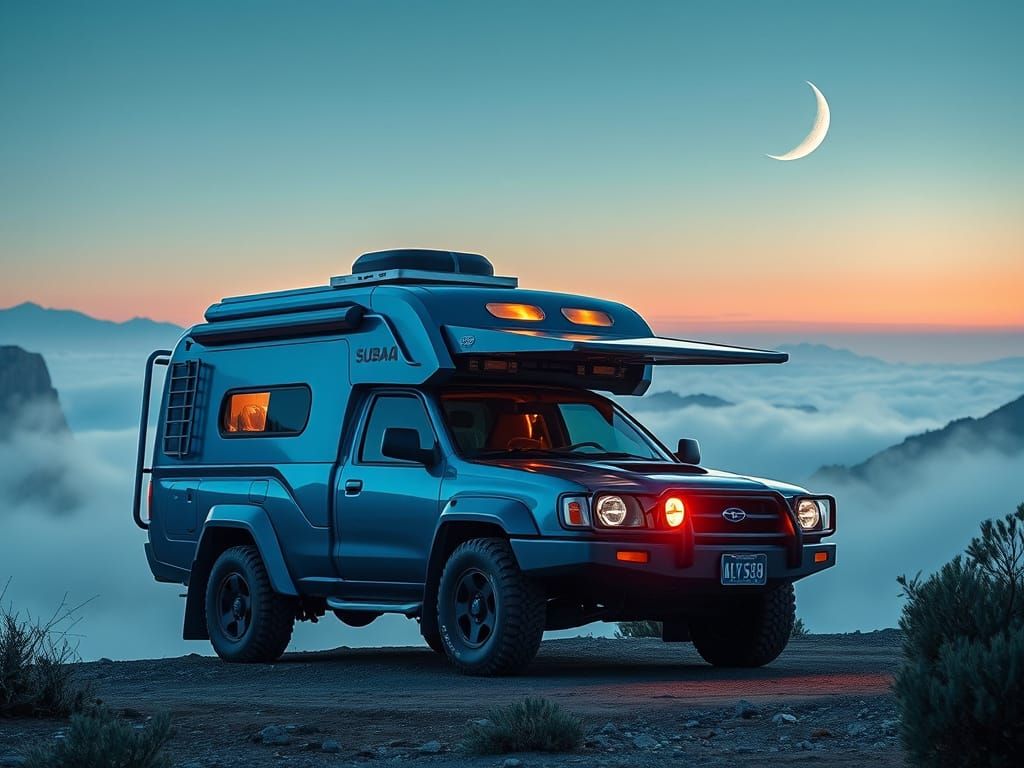 Futuristic Subaru Baja Camper Under Neon Mountain Skies