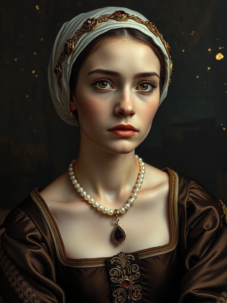 Luxurious Portrait of a Melancholy Tudor Woman in Opulent Go...
