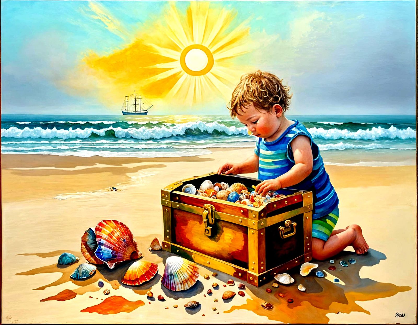 Child Finds Seashells in Treasure Chest Painting