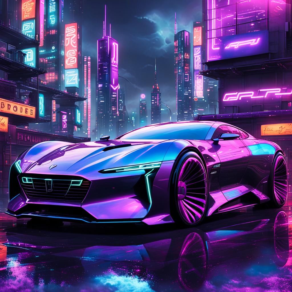 Cyberpunk Super Car in Neon Cityscape