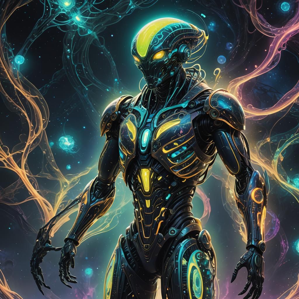 Bioluminescent Alien Automan in Iridescent Nebula