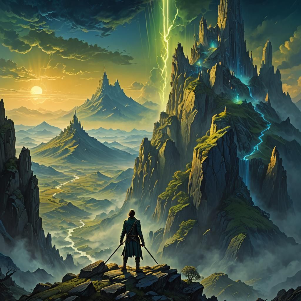 Heroic Fantasy Warrior on Mystical Mountain Peak