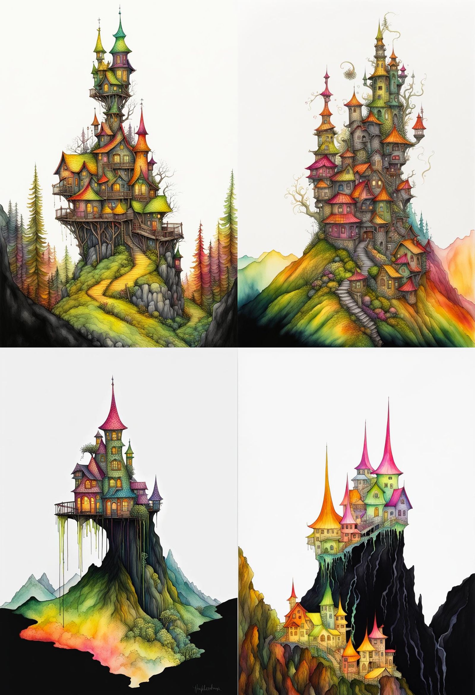 Fantasy town on a steep mountainside,  Gold ochre, viridian, vermillion, amber, chartreuse, magenta