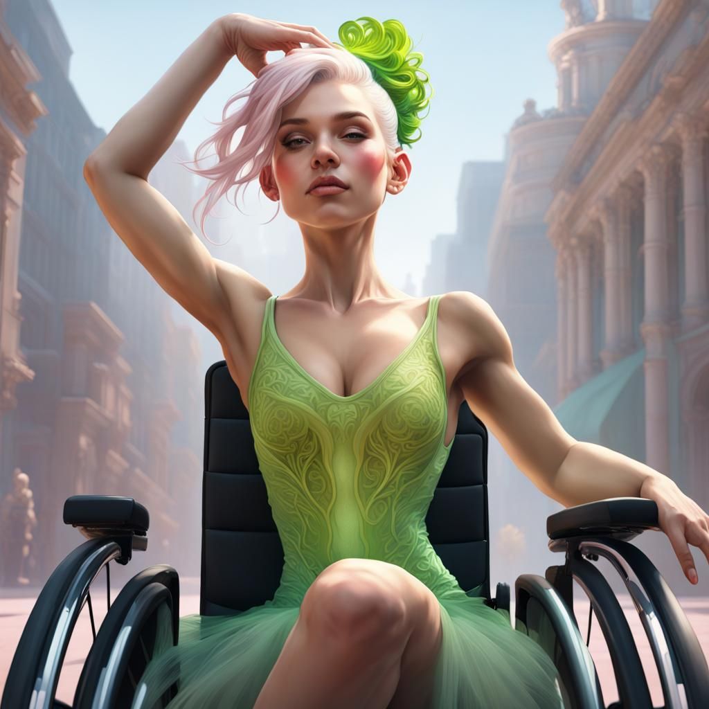 Ballerina with lime hair in a wheelchair dancing