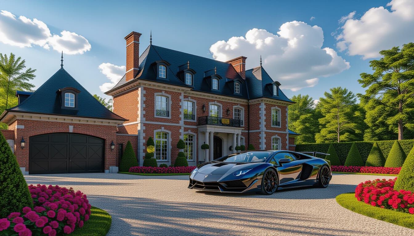 Brick Chateau and Lamborghini at Golden Hour