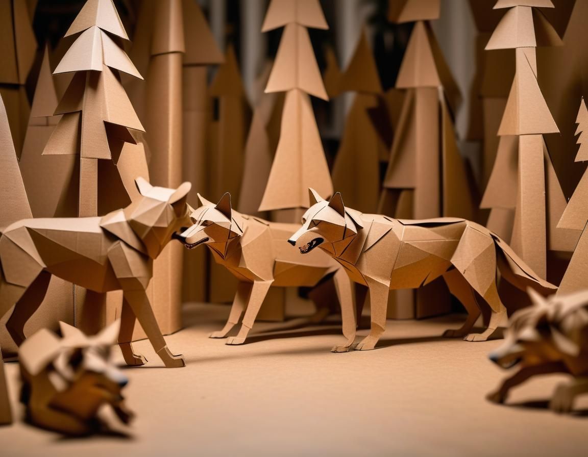 Cardboard Wolves Chase Deer: Still Life Photo