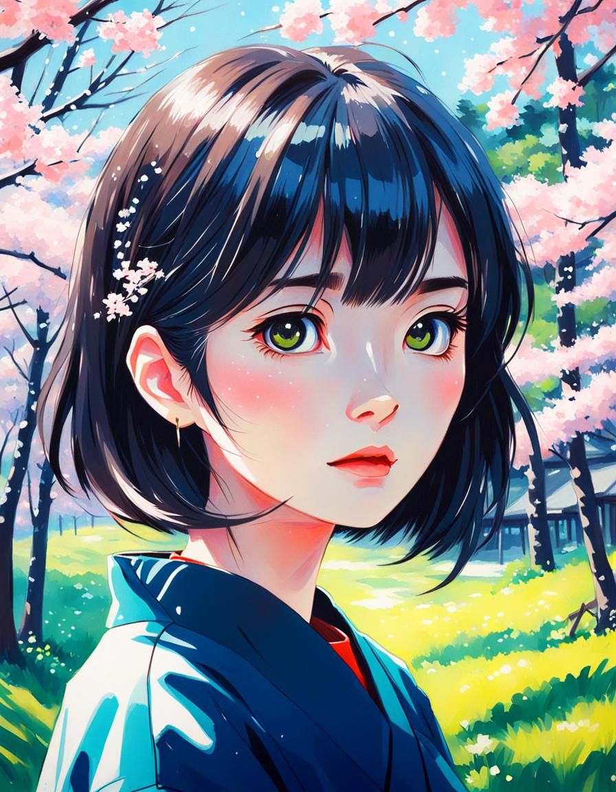 Anime Girl's Sparkling Spring Day: Gouache Painting