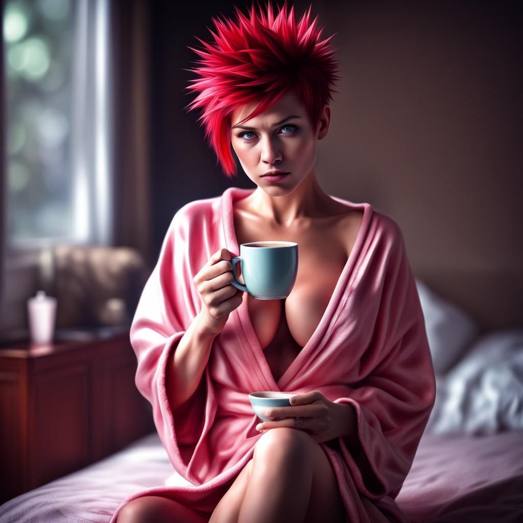 Hyperrealistic Woman with Red Hair Drinks Coffee