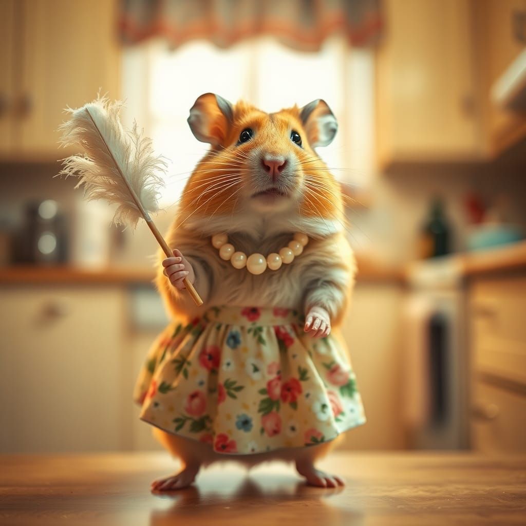 Hamster Housewife with Feather Duster, Professional Photogra...