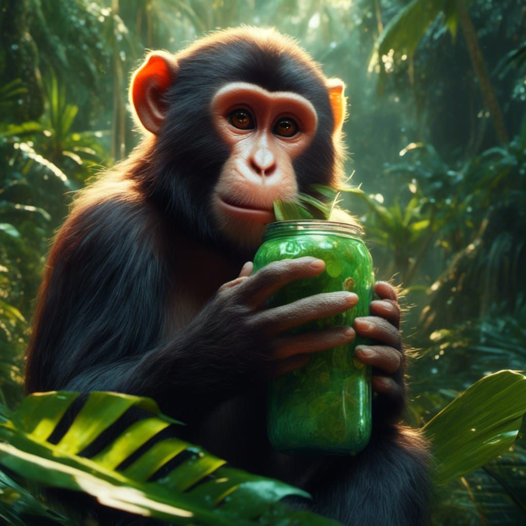 Monkey Drinking Coconut Water in Lush Jungle
