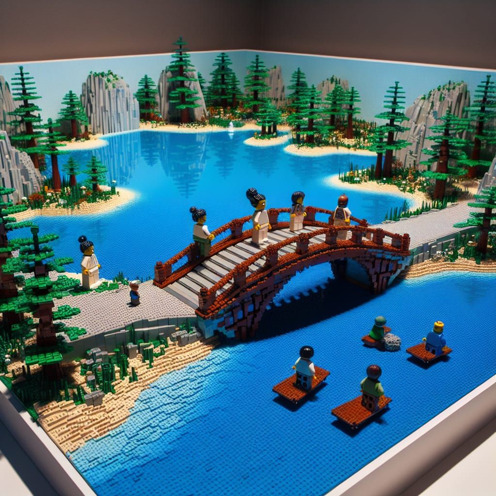 Lego Diorama: Serene Waterway with Wooden Bridge