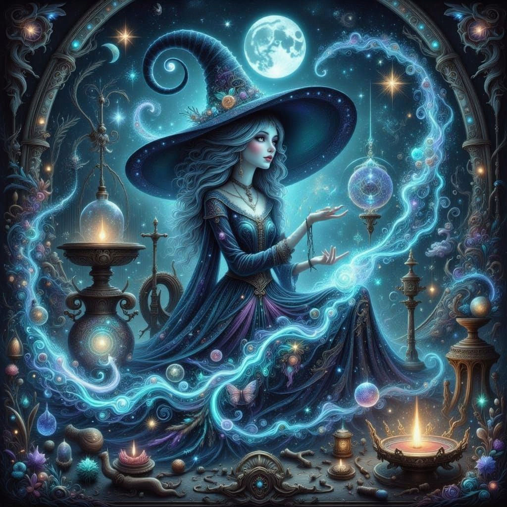 Wise Witch Weaving Moonlight Tapestry of Fate