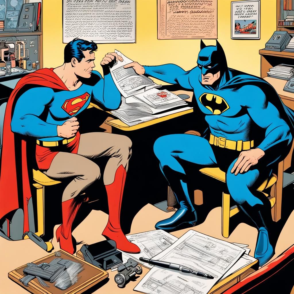 Superman and Batman in 1950s Comic Book Office