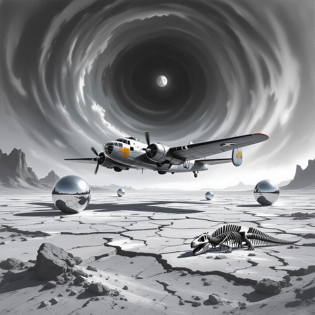 B-25 Bomber over Alien Seabed in Ansel Adams Style