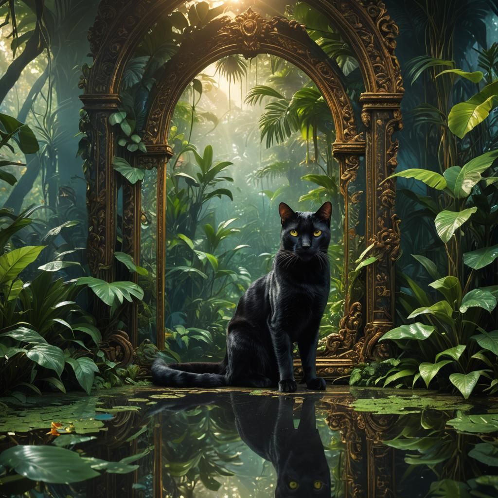 Cat Mirror Reflection: Jaguar in Jungle, Digital Art