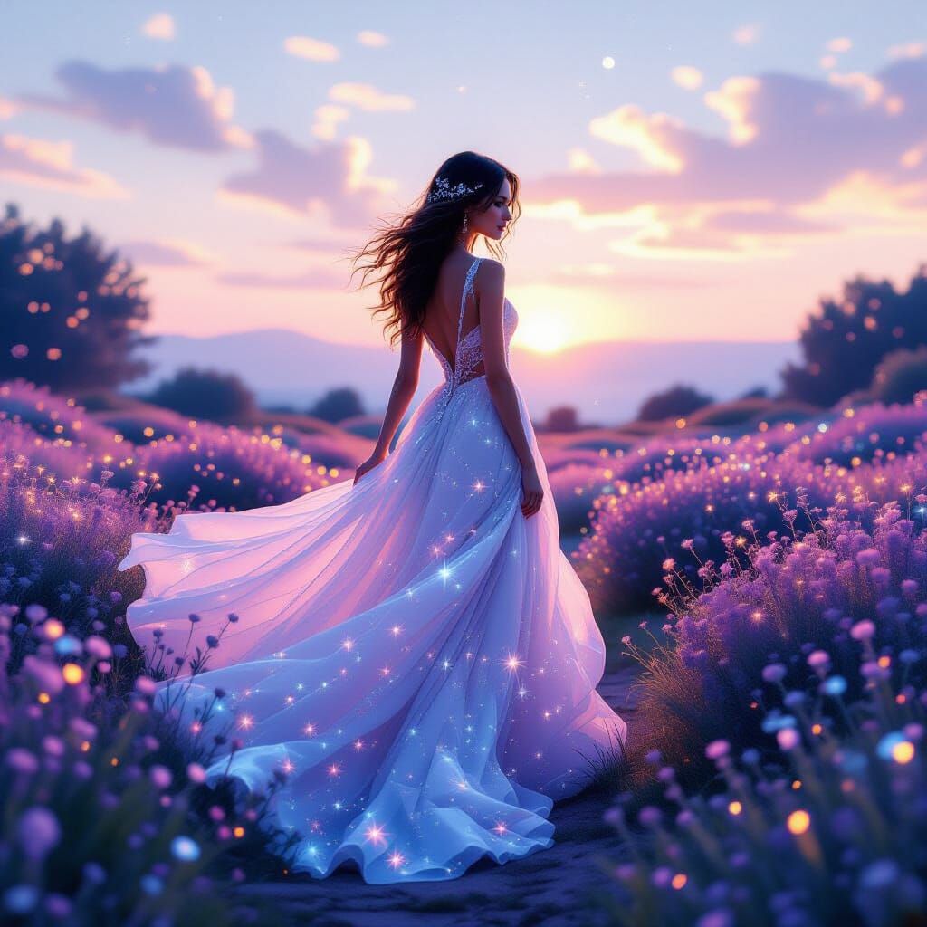 Bioluminescent Garden Galaxy Woman in Digital Art Style