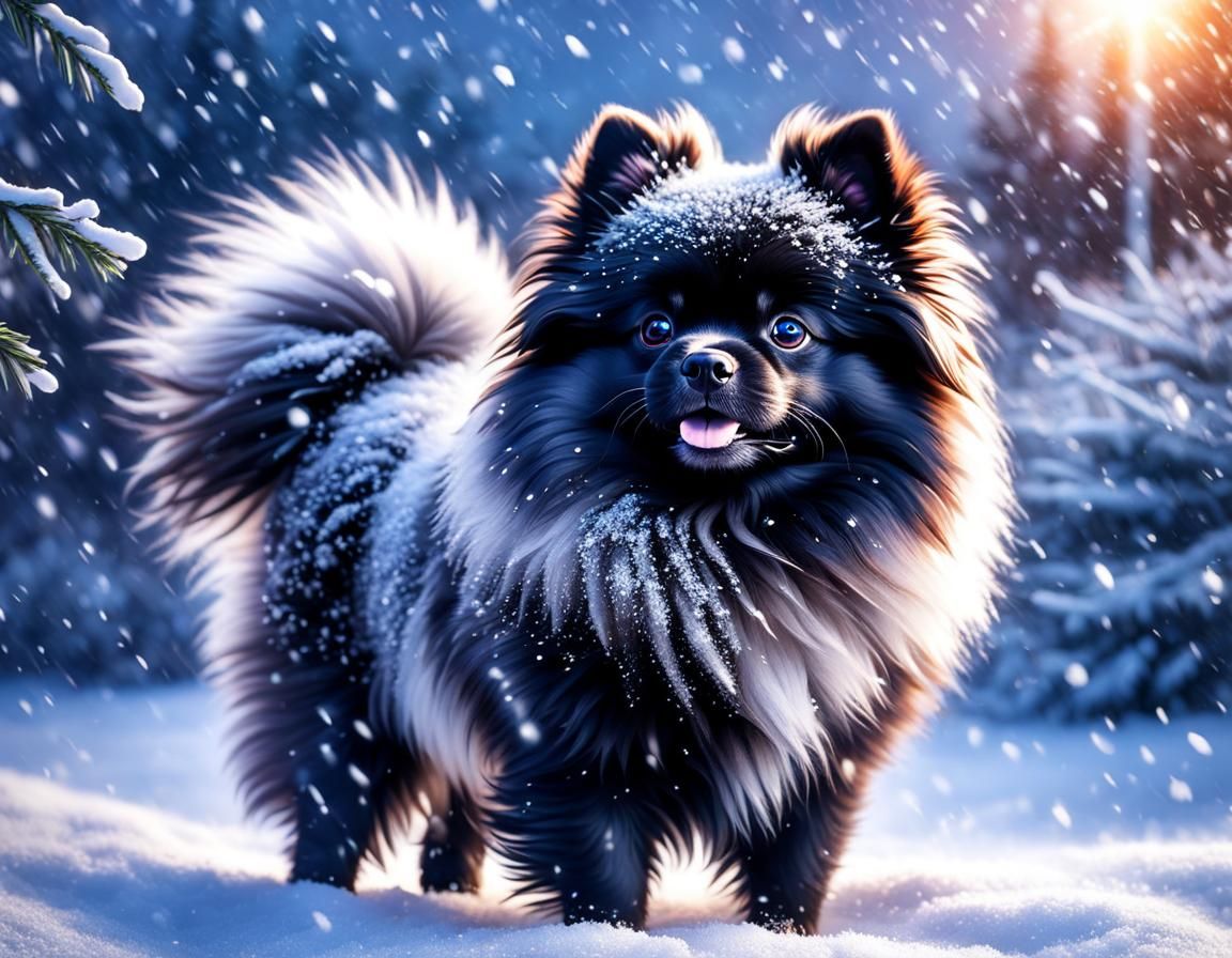 Black Pomeranian in Falling Snow: Hyperrealistic Masterpiece