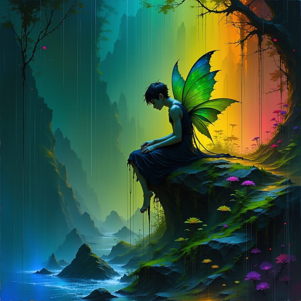 Male Fae in Rainbow Rain, Mystical Forest Setting