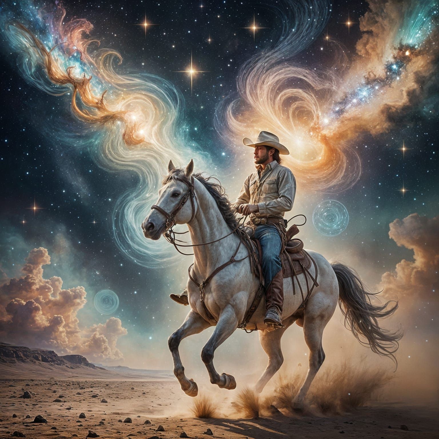 Cowboy Rides Celestial Horse Towards Star Galaxy in Impressi...