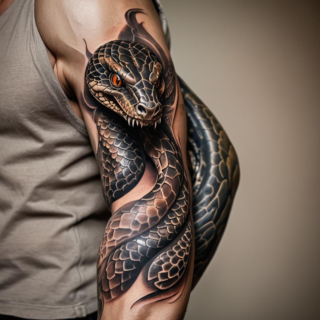 Muscular Arm with a Realistic Snake Tattoo