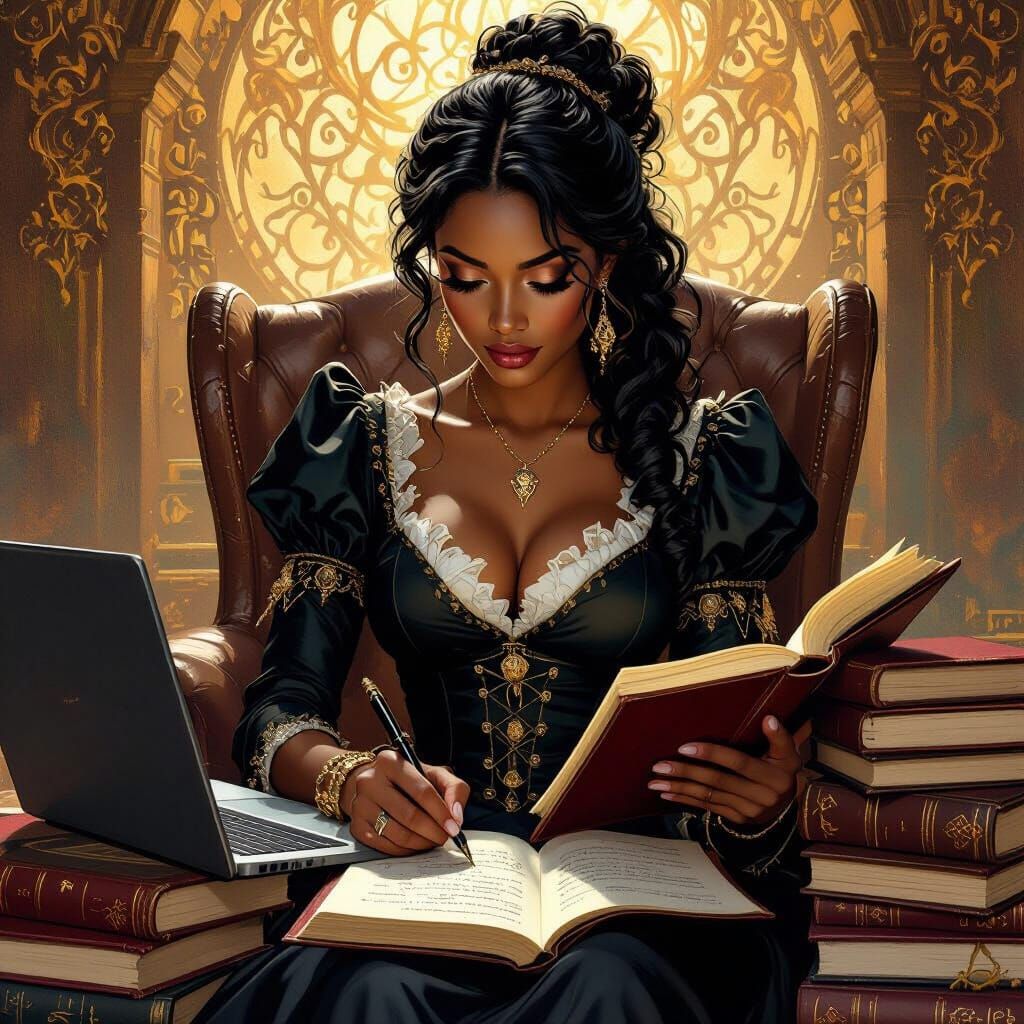 Elegant Woman Writing in Book: Fantasy Concept Art