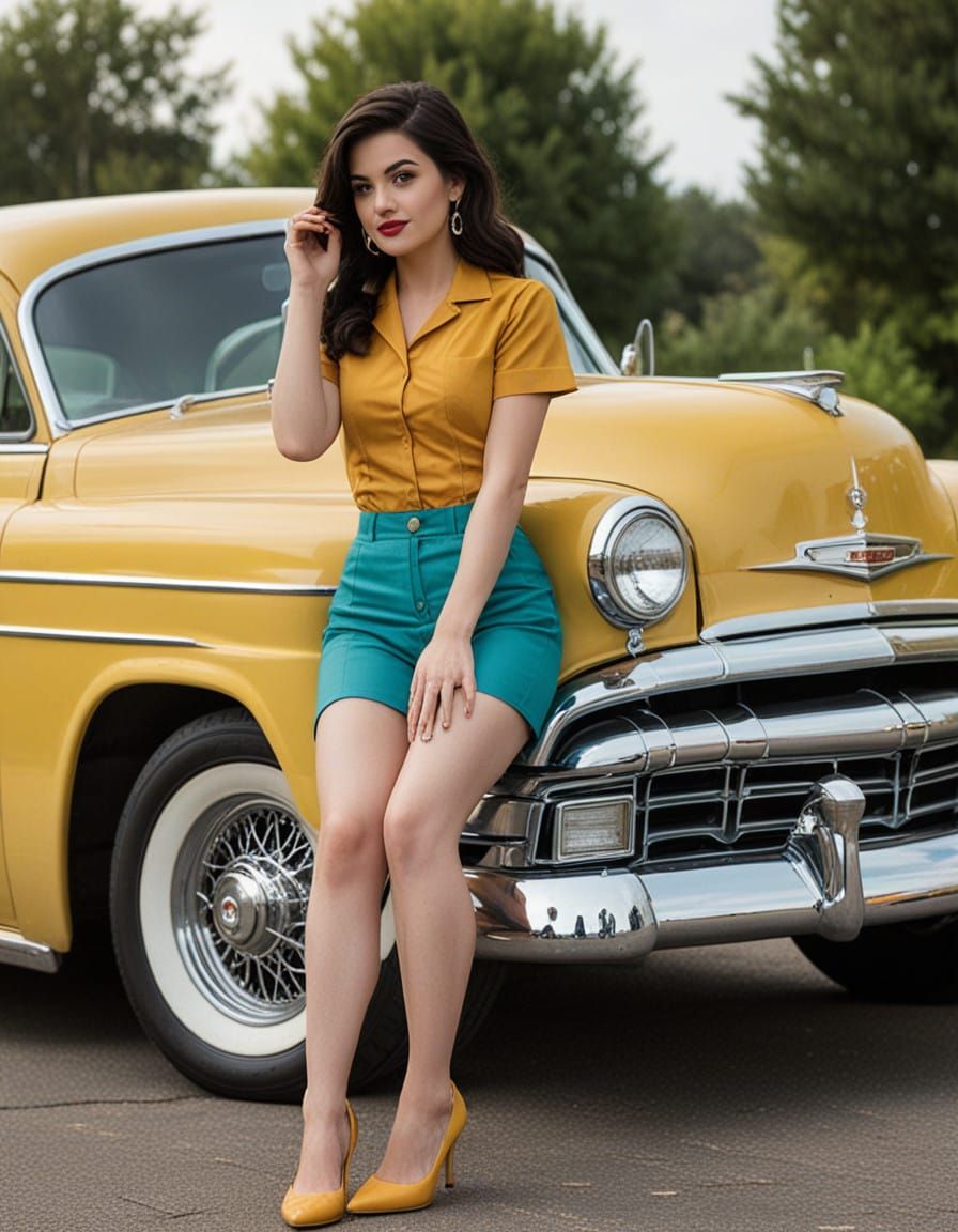 Sultry 1950s Pin Up Girl Leans on Classic Hot Rod
