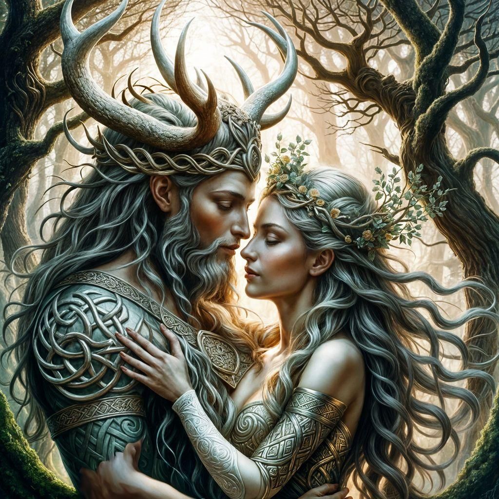 Cernunnos and Beltane Embrace in Enchanted Forest