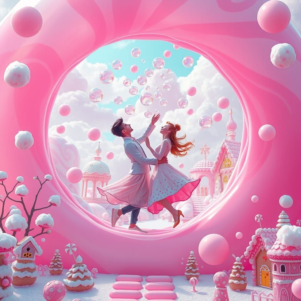 Whimsical Couple Inside Gigantic Pink Bubblegum