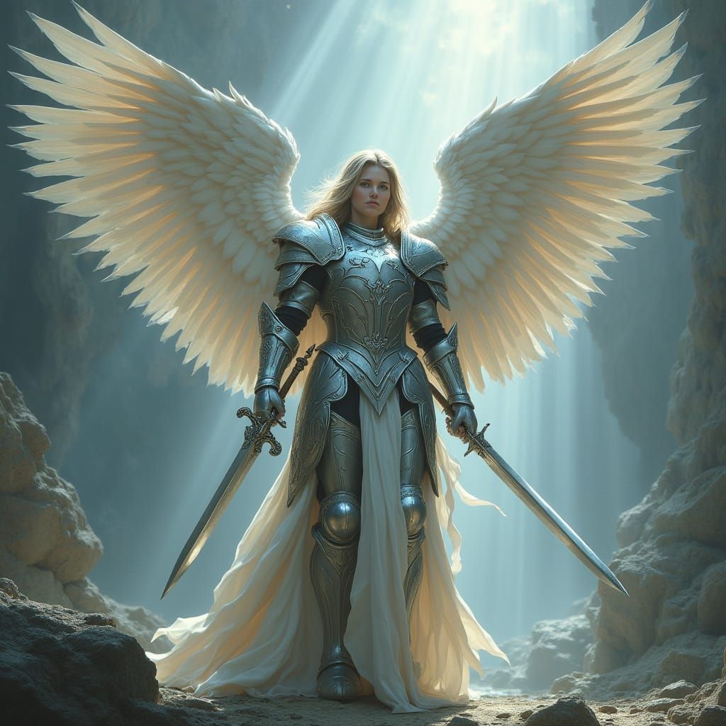Majestic Angel Warrior with Sword in Fantasy Realm
