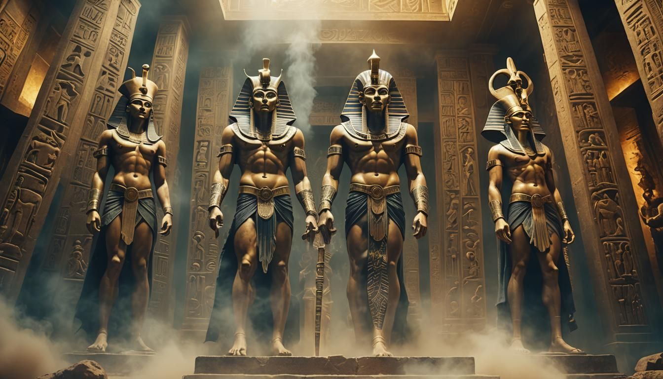 Egyptian and Greek Gods in Surreal Temple