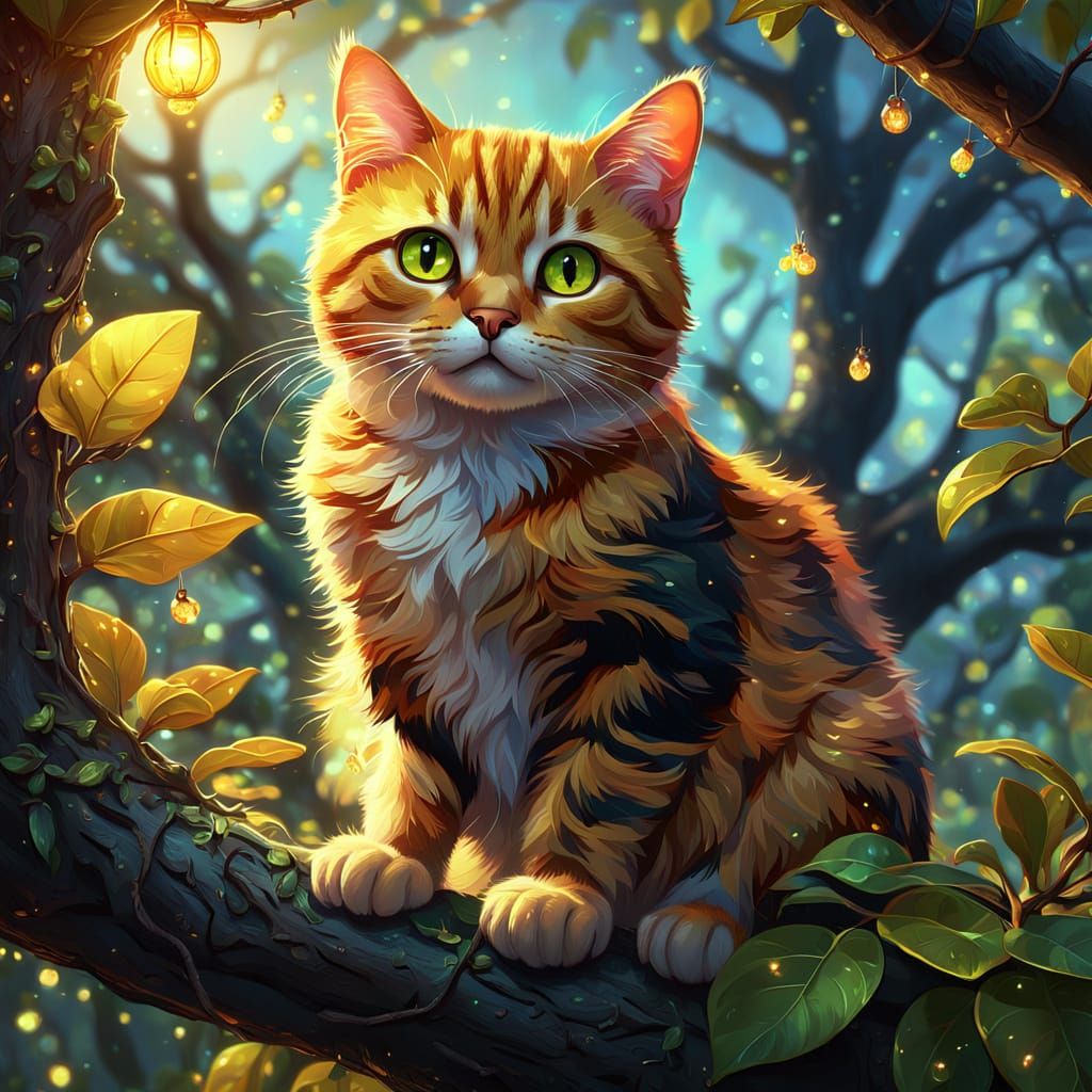 Whimsical Cat Amidst Enchanted Forest