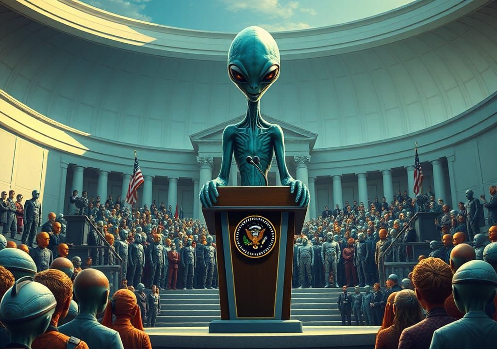 Alien President's Inaugural Speech in Sci-Fi Style