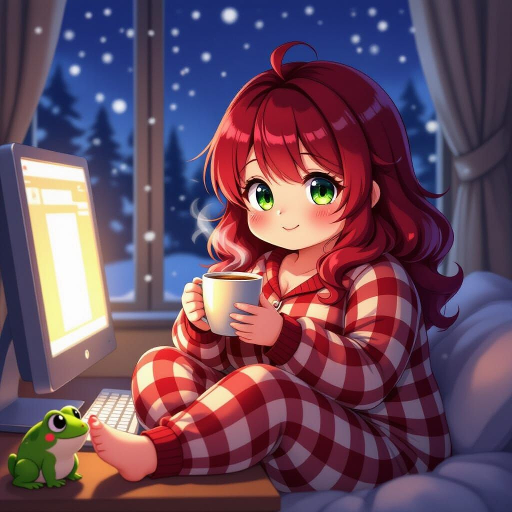 Anime Woman in Pajamas with Frog and Tea