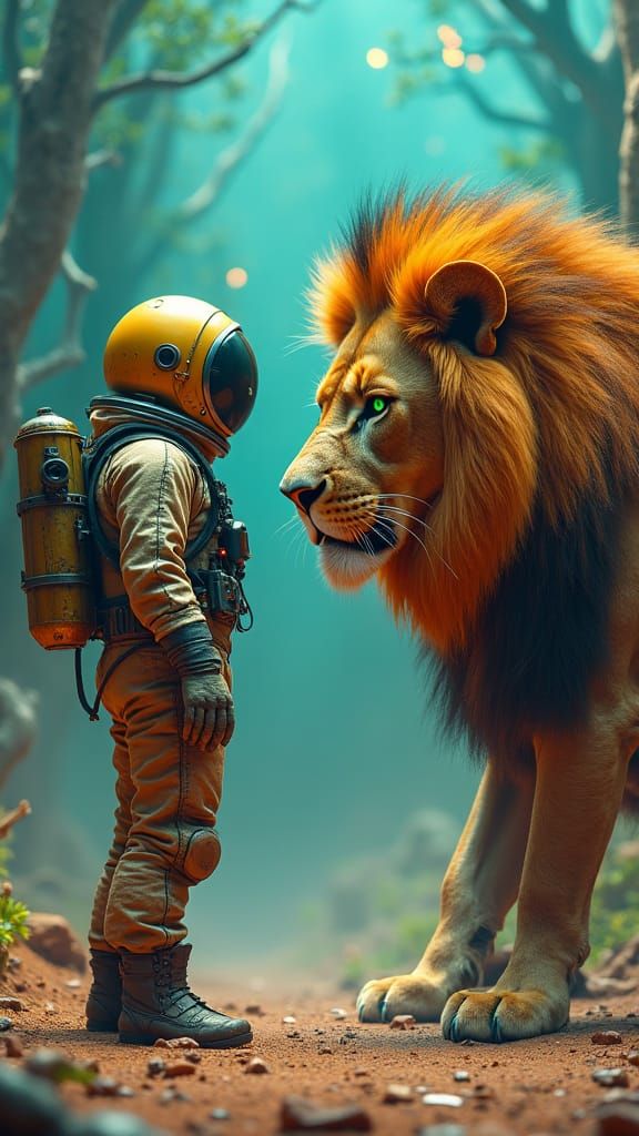 Astronaut and Lion Standoff on Alien Planet