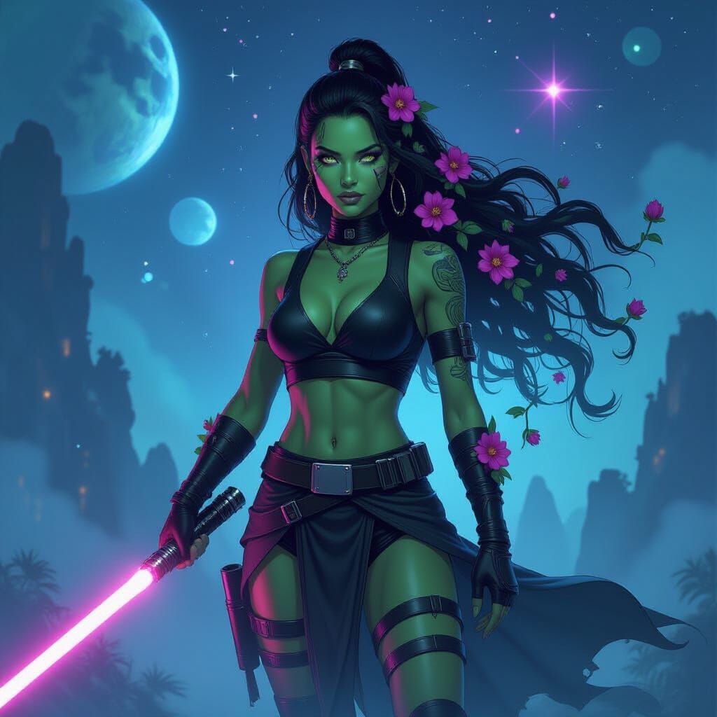 Green-Skinned Jedi in a Neon Galaxy