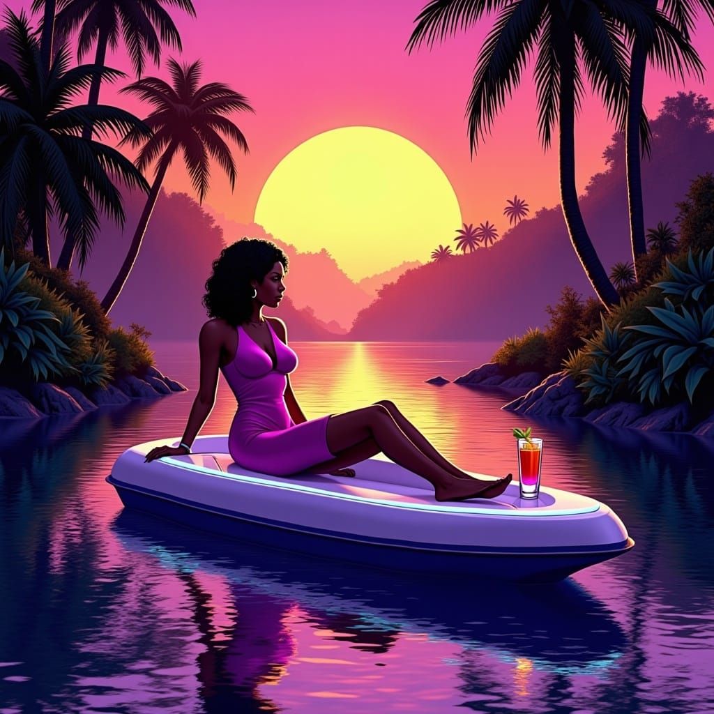 Retrowave Woman in Neon Boat on Jungle River